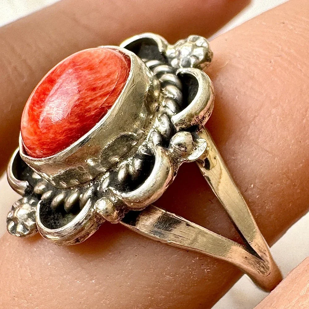 Navajo Flower Ring Orange Spiny Oyster Sz 9 Sterling Silver Native Signed Morgan